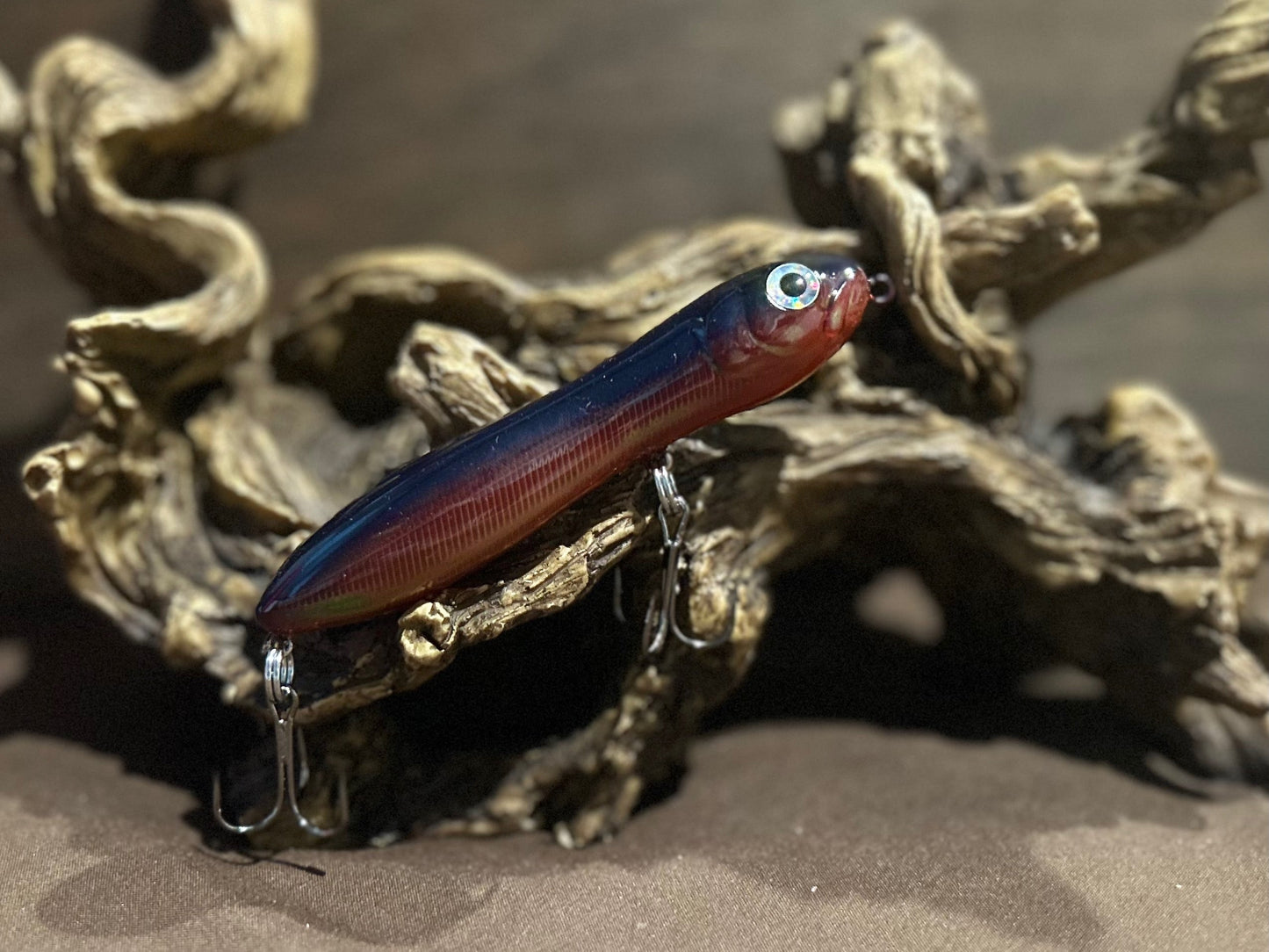 Custom airbrushed 4.0-inch peanut style topwater lure in Midnight Surprise