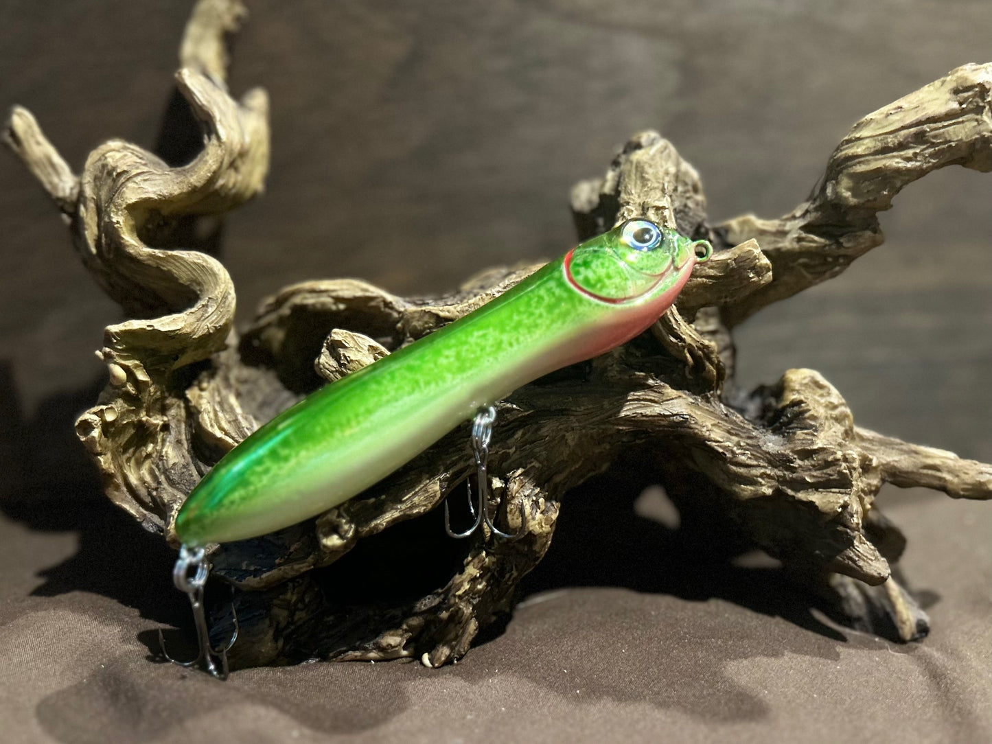 Custom airbrushed 5.25-inch peanut style topwater lure in Tickle Pickle